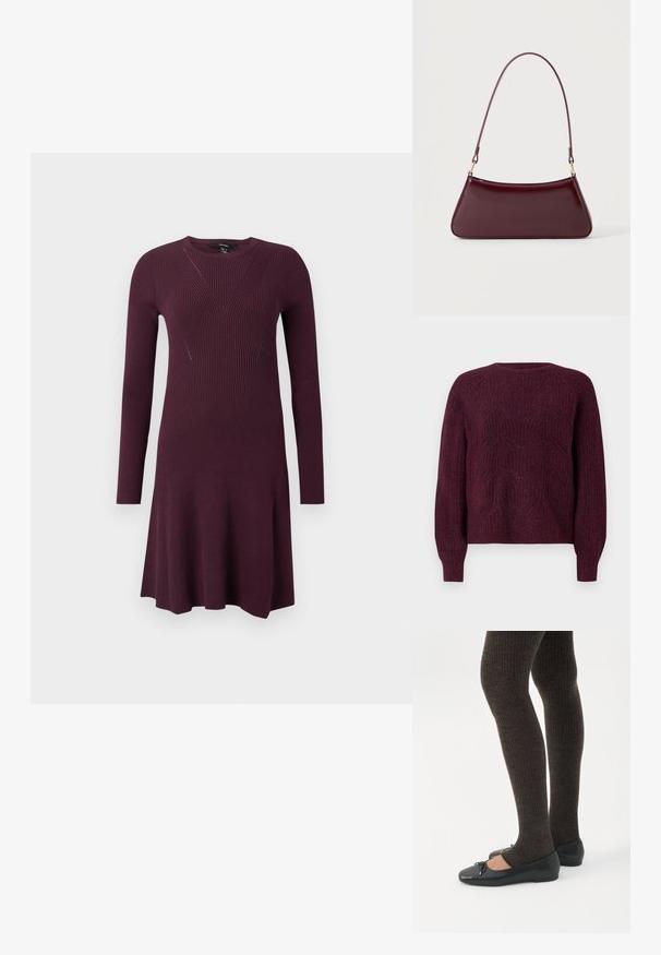 Pull bordeaux avec un motif tricoté texturé, col rond et manches longues avec des poignets côtelés. Matière douce avec une coupe décontractée.; Robe en tricot de couleur violet profond, avec des manches longues, un corsage ajusté avec des motifs de côtes diagonales et une jupe évasée.; Jambes portant des leggings côtelés foncés associés à des ballerines noires avec de petits détails en nœud sur fond blanc.; Sac à main brillant bordeaux foncé avec une anse fine unique et une forme trapézoïdale élégante sur un fond clair uni.