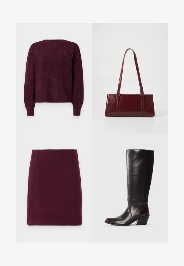 Pull bordeaux avec un motif tricoté texturé, col rond et manches longues avec des poignets côtelés. Matière douce avec une coupe décontractée.; Vero Moda VMFORTUNALLISON SHORT - Jupe trapèze - winetasting; Botte en cuir brun foncé, à hauteur de genou, avec un bout pointu, un talon bloc angulaire et une texture lisse et brillante. Présente un design épuré et des détails de couture.; Sac à main bordeaux en matériau brillant, de forme rectangulaire, avec deux anses et des accents légèrement courbés à l'avant.