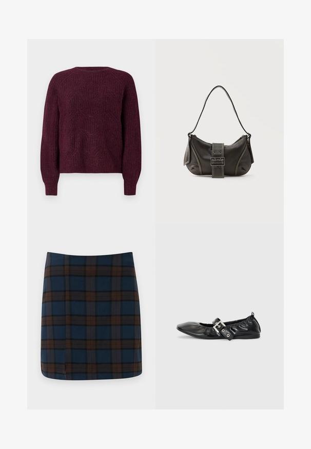 Bordeaux sweater med et tekstureret strikkemønster, rund halsudskæring og lange ærmer med ribbede manchetter. Blødt materiale med en afslappet pasform.; Marineblåternet mini nederdel med brune og grå striber, lavet af et glat stof, med en diskret slids bagpå for let bevægelse.; Sorte læder flade sko med spids tå, samling detaljer omkring åbningen, og en sølv spænde accent på den justerbare rem.; Sort læder skuldertaske med spænde på remmen, afrundede kanter og kontrasterende hvide syninger på en ensfarvet baggrund.