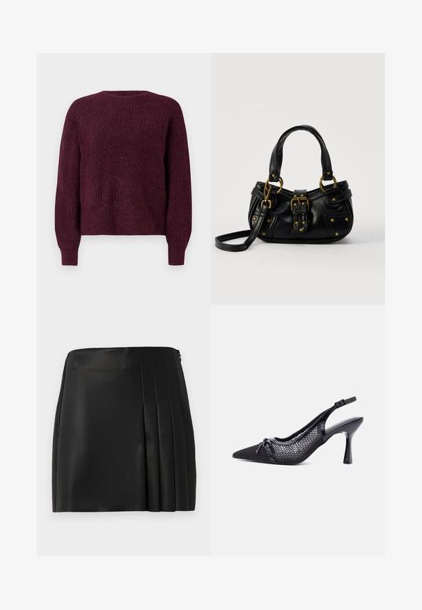 Bordeaux sweater med et tekstureret strikkemønster, rund halsudskæring og lange ærmer med ribbede manchetter. Blødt materiale med en afslappet pasform.; Sort faux læder mini nederdel med en glat front og plisseret detalje på højre side, med en lynlåslukning bagpå.; Sort spids slingback højhælet sko med mesh bikagemønster og lille dekorativ sløjfe foran.; Sort læderhåndtaske med guldbælge og nitdetaljer, korte håndtag og en justerbar skulderrem på en ensfarvet hvid baggrund.
