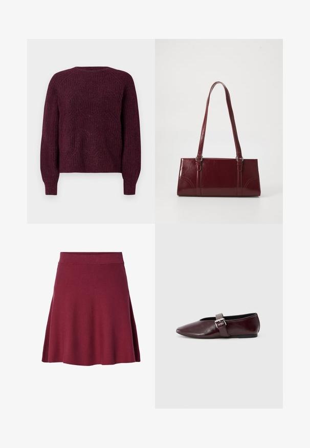 Bordeaux sweater med et tekstureret strikkemønster, rund halsudskæring og lange ærmer med ribbede manchetter. Blødt materiale med en afslappet pasform.; Bordeaux knælang nederdel lavet af blødt, strækbart stof; udvidet design med en glat talje og ingen synlige lukninger eller mønstre.; Bordeaux læder ballerina sko med spidse tæer, flad sål og en dekorativ spænde-strop over vristen. Glat, blank tekstur.; Bordeaux håndtaske lavet af glansfuldt materiale, rektangulær form, med to skulderremme og subtile buede detaljer på forsiden.