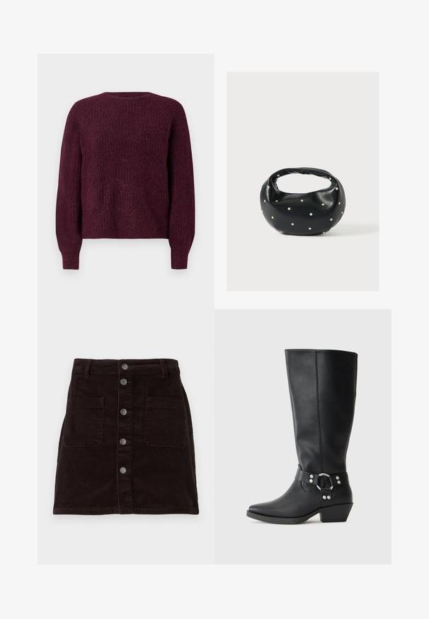 Bordeaux sweater med et tekstureret strikkemønster, rund halsudskæring og lange ærmer med ribbede manchetter. Blødt materiale med en afslappet pasform.; Brun corduroy nederdel med et tætsiddende design, frontlukning med knapper, to sidelommer og lodret ribbet tekstur hele vejen igennem.; Sorte læderknæhøje støvler med spids tå, der har en dekorativ ankelrem og sølvfarvede hardware-detaljer. Lav stablet hæl.; Sort læderhåndtaske med en rundet form, dekoreret med sølvnitter, og et kort håndtag. Glat tekstur og lynlåslukning.