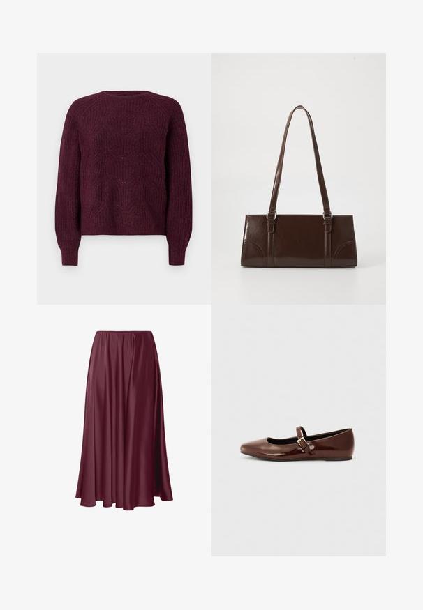 Pull bordeaux avec un motif tricoté texturé, col rond et manches longues avec des poignets côtelés. Matière douce avec une coupe décontractée.; Jupe longue bourgogne en tissu lisse et brillant avec un design fluide et une taille élastique. Pas de motifs ni d'accents présents.; Ballerine en cuir verni marron avec un bout carré et une lanière ornée d'une petite boucle dorée. Texture lisse, talon bas et design minimaliste.; Sac à main en cuir verni marron de forme rectangulaire, avec deux longues poignées et des accents courbés subtils à l'avant.