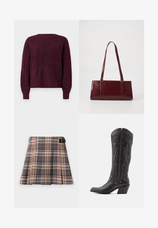 Bordeaux sweater med et tekstureret strikkemønster, rund halsudskæring og lange ærmer med ribbede manchetter. Blødt materiale med en afslappet pasform.; Rutig nederdel i grå, beige og rustfarver; har plisseringer, en spænde detalje og et struktureret design. Fremstillet af et vævet stof.; Brune læder cowboystøvler med flammebroderi, sidelukning med lynlås, sølvnitter, spids snude og lagdelt hæl.; Bordeaux håndtaske lavet af glansfuldt materiale, rektangulær form, med to skulderremme og subtile buede detaljer på forsiden.
