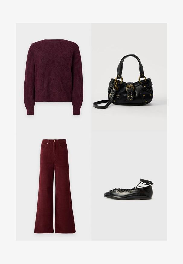 Pull bordeaux avec un motif tricoté texturé, col rond et manches longues avec des poignets côtelés. Matière douce avec une coupe décontractée.; Pantalons en velours côtelé large de couleur bordeaux, avec une taille haute, des poches avant et une fermeture à bouton. Tissu texturé à côtes sur toute la surface.; Ballerines en cuir verni noir avec un bout rond, un design à lacets et une semelle plate. Texture lisse avec peu de détails.; Sac à main en cuir noir avec boucle dorée et détails à rivets, poignées courtes et bandoulière réglable sur fond blanc uni.