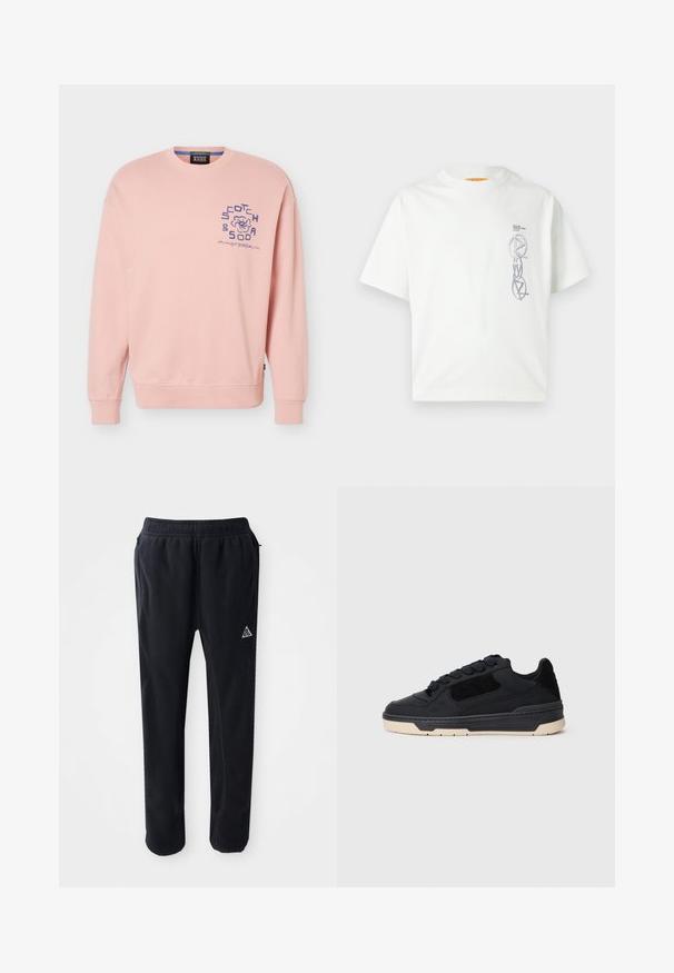 Lyserød crewneck-sweatshirt med lange ærmer og lille blåt "Scotch & Soda Amsterdam"-logo på venstre bryst.; Hvid kortærmet t-shirt lavet af bomuld, med et gråt grafisk design på fronten og rund halsudskæring. Flad, afslappet pasform.; Sorte atletiske bukser i et blødt, tekstureret materiale, med en elastisk talje, sidelommer og et trekantet logo-accent på låret.; Sort low-top sneaker med tyk beige sål, paneler af ruskind og læder, samt runde sorte snørebånd, vist i venstre sideprofil.