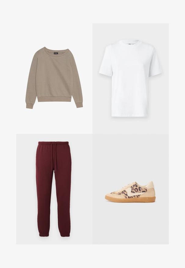 Beige sweatshirt met lange mouwen, een wijde halslijn en geribbelde manchetten. Zachte stof, relaxte pasvorm, beschikt over minimale naden en geen patronen.; Witte katoenen T-shirt met ronde hals, korte mouwen en een gladde textuur. Ontworpen met een comfortabele en veelzijdige relaxte pasvorm.; Bordeaux joggerbroeken met elastische tailleband, trekkoord, zijzakken en elastische boorden op een effen witte achtergrond.; Luipaardprint sneakers met een beige suède bovenkant, tan rubberen zool en witte accenten. Ronde neus en vetersluiting met een gestructureerde afwerking.