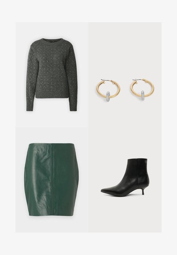 Suéter de punto gris oscuro con cuello redondo y mangas largas. Presenta un patrón texturizado con pequeños acentos plateados dispersos.; Minifalda de cuero verde con una textura suave y forma ajustada. Presenta un diseño sin costuras y sin cierres o herrajes visibles.; Botín de piel negra con puntera puntiaguda y tacón bajo estilo kitten sobre fondo claro, mostrando vista lateral exterior.; Par de pendientes de aro en tono dorado con pequeño detalle de aro en tono plateado en cada uno, expuestos sobre un fondo gris claro.