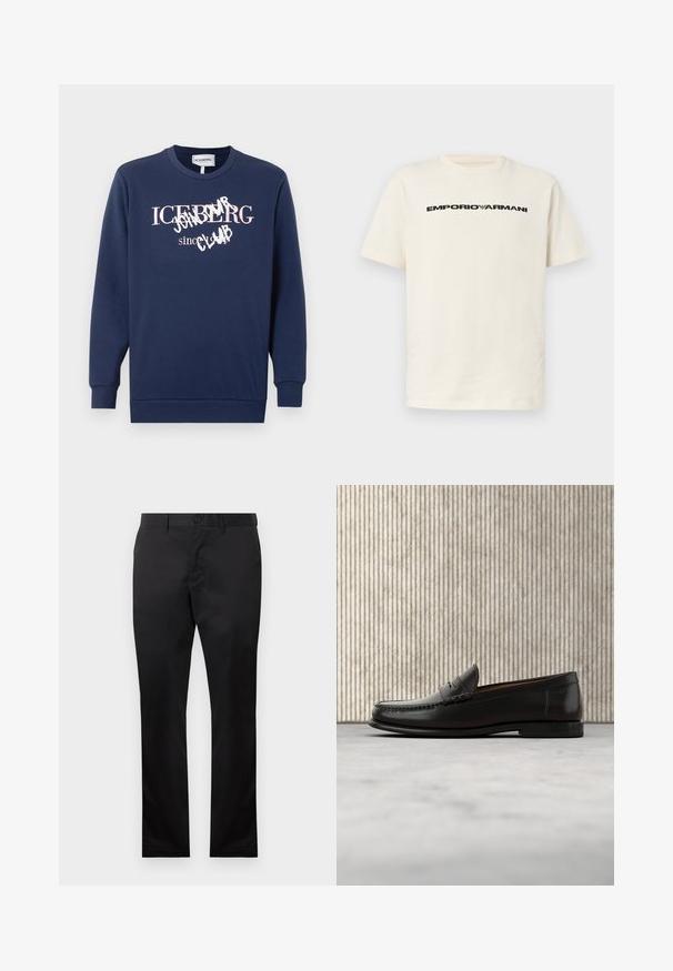 Marineblaue Langarm-Sweatshirt mit Rundhalsausschnitt, gerippten Bündchen und Saum, mit dem Schriftzug "ICEBERG seit 1974" und "TRETE UNSERER COMMUNITY BEI" auf der Vorderseite.; Off-white kurzärmeliges T-Shirt mit schwarzem "EMPORIO ARMANI"-Schriftzug und Adler-Logo, mittig auf der Brust, Rundhalsausschnitt.; Schwarze Baumwollhosen mit geradem Bein, ausgestattet mit einem vorderen Knopfverschluss und seitlichen Taschen, glatte Textur, keine sichtbaren Muster.; Schwarzer Pennyloafer aus Leder mit niedrigem Absatz, abgerundeter Spitze und genähten Details vorne und an den Seiten, gezeigt vor neutralem Hintergrund.