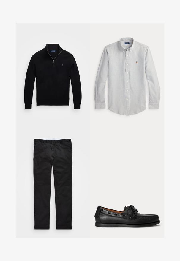 Sort strikket pullover med kvart-zip krave, der har et lille logo på brystet samt ribbede manchetter og kant.; Herre skjorte med lange ærmer og knapper, i vertikale grå striber, med knappet krave og en lille broderet Polo Ralph Lauren-logo på venstre bryst.; Sorte chinos med lige ben, lavet af en bomuldsblandingsstof, med lynlås i gylpen, bæltestropper og sidelommer. Glat tekstur.; Sort lædermoccasin med snøredetalje og lav gummisål, vist fra siden på ensartet lys baggrund.