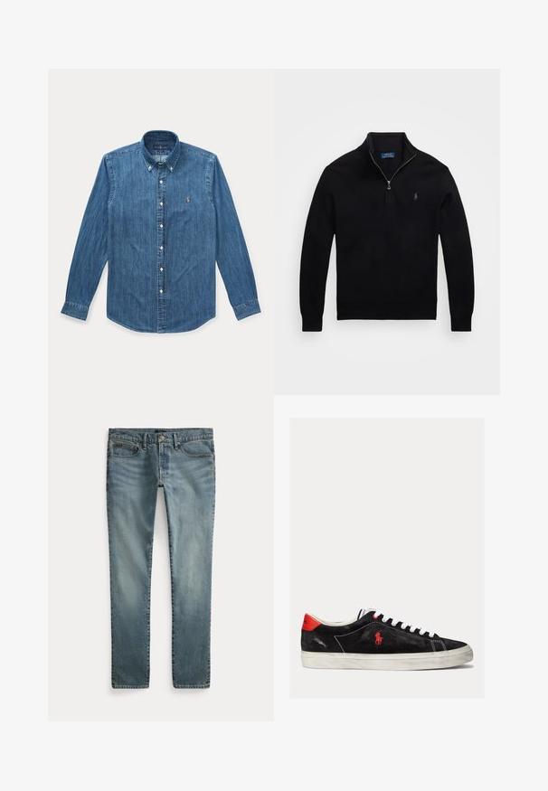 Must mustravi pullover, mille neljaosaline kaelus, väike logo rinnal ning soonilised mansetid ja alläär.; Pikkade varrukatega sinine teksast nööpidega särk, krae ja vasakul rinnal väike tikitud logo.; Sirged säärtega sinised teksad, ees taskud, vööaasad ja nööpidega sulgemine.; Mustmustest mustad valged paelad, punased aktsendid kanna juures ja väike punane logo. Omab lame kummitalda ja lihtsat õmblust.