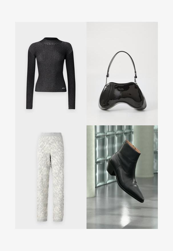 Suéter negro de manga larga y canalé con hilos metálicos, cuello redondo, silueta ajustada, con un sutil detalle del logo en el dobladillo.; Pantalones de lounging con textura en marfil y patrones grises, con un tejido suave, cintura elástica y puños acanalados.; Botín de piel negra con puntera puntiaguda y tacón cuadrado que levita sobre un suelo gris reflectante cerca de una pared de bloques de cristal.; Bolso de mano de piel sintética negra con un diseño curvado único, asas cortas y ajustables, y abertura con cremallera en la parte superior. Textura suave con una sutil marca.