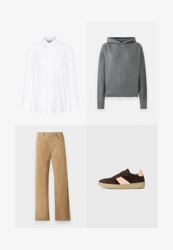 Grauer Hoodie aus einem weichen, strukturierten Stoff. Besitzt eine Kapuze mit Kordelzug, lange Ärmel und einen leicht verkürzten, lockeren Sitz.; Weißes Langarmhemd mit Kragen aus Baumwolle. Verfügt über eine durchgehende Knopfleiste und eine Brusttasche. Glatte Textur, lockere Passform.; Beige Cordhose mit geradem Bein, vorne mit Knopf- und Reißverschluss, Gürtelschlaufen und fünf Taschen.; Braune Wildleder-Sneaker mit einem hellrosa diagonalen Streifen, Schnürdesign, strukturiertem Obermaterial und einer hellbraunen Gummisohle. Die Rückseite weist ein strukturiertes Akzentdesign auf.