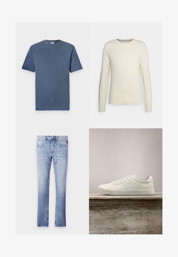 Pull crème, à col rond, avec des manches longues, des poignets et un ourlet côtelés. Fait en tissu tricoté doux, sans motifs ni ornements.; T-shirt en coton bleu avec un col rond et des manches courtes. Présente une texture lisse et un ourlet droit. Pas de motifs ou graphiques visibles.; Jeans en denim bleu clair avec une coupe droite, cinq poches et des détails de couture visibles. Texture lisse et coupe classique.; Sneaker en dentelle blanche flottant au-dessus d'un banc en bois avec un feuillage vert en arrière-plan, mettant en valeur le design et la texture de la chaussure.