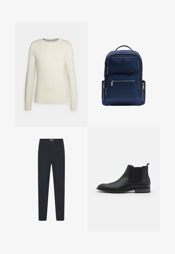 Pull crème, à col rond, avec des manches longues, des poignets et un ourlet côtelés. Fait en tissu tricoté doux, sans motifs ni ornements.; Pantalon noir au design ajusté, avec une fermeture à boutons, des plis à l'avant, et une texture de tissu lisse. Détail de taille pincée.; Bottines Chelsea noires en cuir avec panneaux élastiques sur les côtés, bout rond et languette, présentant un petit talon bloc et une texture lisse.; Sac à dos bleu marine avec plusieurs compartiments zippés, poches latérales, poignée supérieure et logo Guess sur la poche avant.