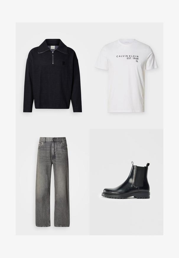 Mørkeblå pullover med høj krave, halv lynlås foran og et firkantet logoemblem. Fremstillet af et blødt, tekstureret stof med lange ærmer.; Hvid T-shirt med korte ærmer med sort tekst "CALVIN KLEIN EST. 1968" og lille "CK" logo på den øverste del af brystet.; Vide bukser i mørkegråt denim med en falmet finish. Har klassisk fem-lomme design og bæltestropper.; Sorte læder Chelsea støvler med elastiske sidepaneler, en løkke for nem påtagning, og en robust gummisål med struktureret greb.
