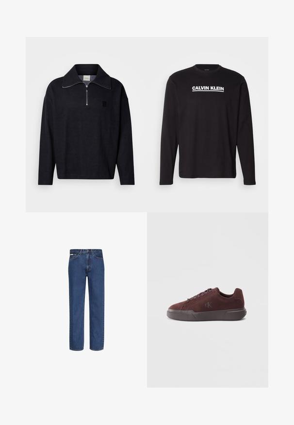 Donkerblauwe pullover met hoge kraag, halve rits aan de voorkant en een vierkant logopatch. Gemaakt van zachte, gestructureerde stof met lange mouwen.; Zwarte lange mouwen shirt gemaakt van katoen, met een witte "CALVIN KLEIN" logo over de borst. Ronde halslijn en aansluitende mouwen.; Blauwe jeans met rechte pijpen gemaakt van denim, voorzien van vijf zakken, een knoop- en ritssluiting, en subtiele vervaging op de stof.; Bordeaux suède sneaker met een rubberen zool, voorzien van ronde veters en een subtiele, geïmplanteerde logo op de zijkant voor branding.