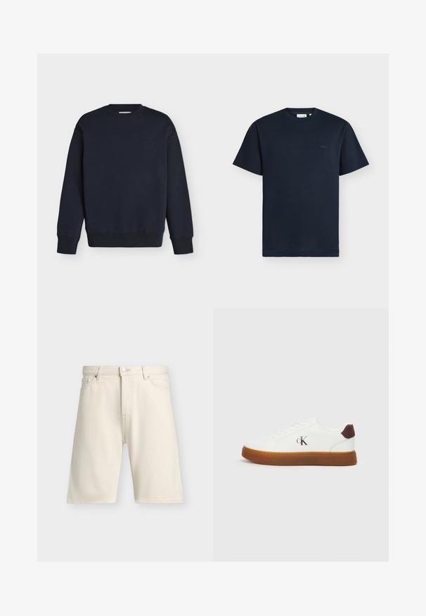 Sweat-shirt bleu marine à col rond, manches longues, poignets et ourlet côtelés, avec un texte logo discret sur la poitrine.; T-shirt bleu marine à manches courtes avec col rond et petit logo assorti sur la poitrine gauche sur un fond gris clair uni.; Short beige longueur genou avec bouton sur le devant, fermeture éclair, passants pour ceinture, deux poches avant et un design épuré et simple.; Baskets blanches avec une semelle en gomme, des lacets plats et un accent en daim marron au talon. Présente un logo "cK" discret en relief sur le côté.