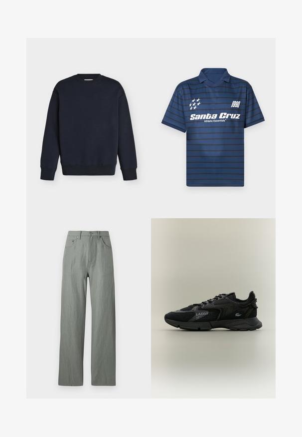 Sudadera azul marino con cuello redondo, mangas largas, puños y bajo acanalados, y texto sutil con el logo en el pecho.; Camisa polo de rayas azules hecha de tela suave. Presenta un cuello, un logo con "Santa Cruz" y el año "1990" en blanco en la parte delantera.; Pantalones de pierna ancha en verde claro, hechos de una tela suave y texturada. Incluye un cierre de botón frontal y cinco bolsillos.; Zapatilla negra Lacoste con paneles de malla y ante, suela negra, cordones, logo y texto de coordenadas en el lateral sobre un fondo beige liso.
