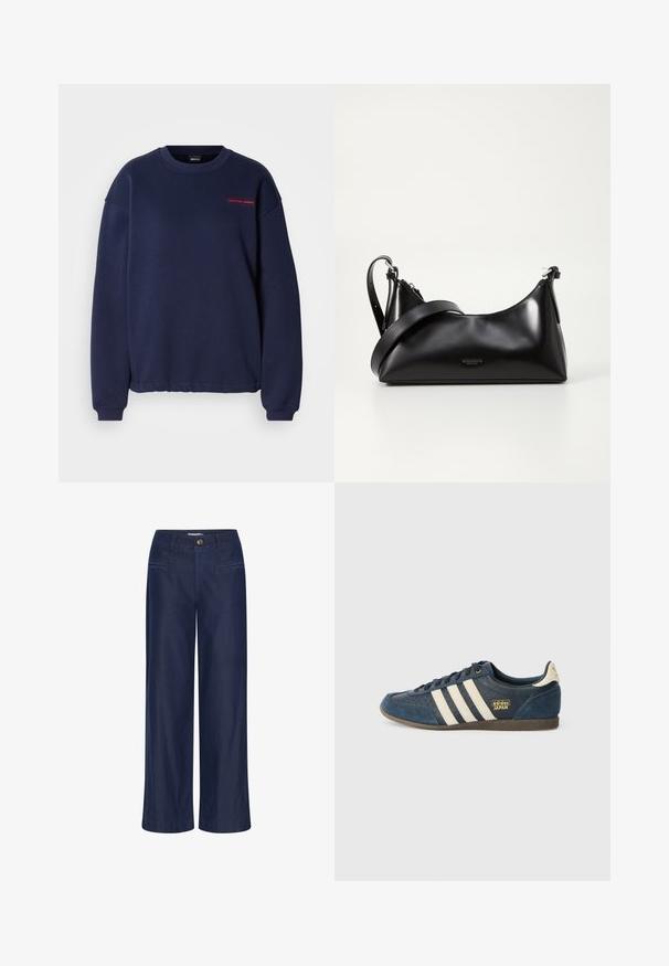 Marineblå sweatshirt lavet af bomuldsblanding, med rund halsudskæring, lange ærmer og et lille rødt "sporty core"-logo trykt på forsiden.; ICHI IHFlared - Flared jeans - dark blue; Marineblå ruskindsneaker med cremefarvede striber, tekstureret tåområde, gyldent "adidas JAPAN" logo og en brun gummisål. Klassisk low-top design.; Sort læderhåndtaske med en glat tekstur. Har en justerbar stropp og et enkelt, minimalistisk design med lynlås.