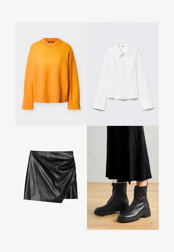 Pull oversize orange avec un col et des poignets côtelés, présentant une texture douce et une coupe décontractée, des coutures minimales et un ourlet droit.; Chemise blanche à manches longues avec un col à revers et une fermeture éclair sur le devant. Elle présente des poignets évasés et une texture lisse en mélange de coton.; Jupe mini en cuir noir avec un design portefeuille, affichant une texture douce et lisse ainsi que des détails de drapés subtils sur un côté.; Bottines en cuir noir avec une semelle plateforme épaisse et une fermeture éclair à l'avant. Texture lisse avec un design minimaliste.