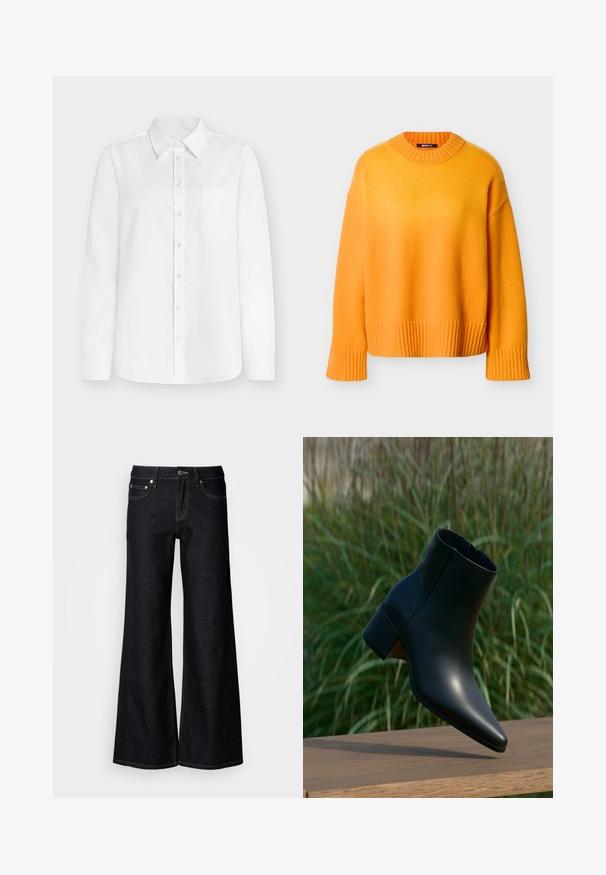 Pull oversize orange avec un col et des poignets côtelés, présentant une texture douce et une coupe décontractée, des coutures minimales et un ourlet droit.; Chemise blanche à manches longues en coton, dotée d'un col pointu, d'une fermeture intégrale à boutons, et d'une poche poitrine gauche. Texture lisse.; Jean en denim foncé à jambes larges avec une taille haute, un design à cinq poches et une couture contrastée jaune le long des coutures.; Bottine noire en cuir avec talon bloc, bout pointu, présentée au-dessus d'une surface en bois avec un fond flou d'herbe verte.