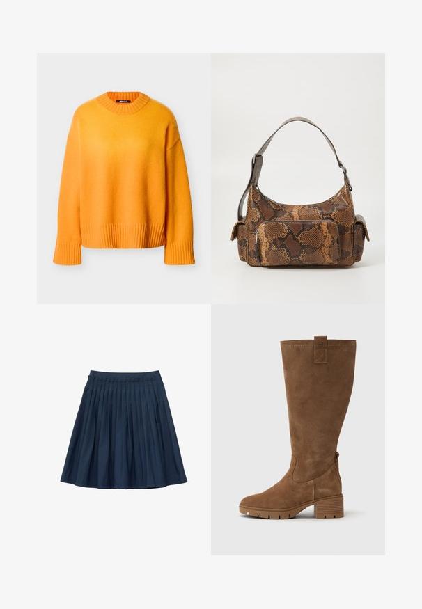 Oranger übergroßer Pullover mit geripptem Kragen und Bündchen, mit weicher Textur und entspannter Passform, minimalen Nähten und geradem Saum.; Marineblauer Faltenrock mit elastischem Bund, knielang, aus leichtem Stoff gefertigt.; Tamaris Stiefel - brown; Braune Handtasche mit Schlangenprint, strukturierten Oberflächen, geschwungenem Design, einem Schultergurt und einer vorderen Reißverschlusstasche.