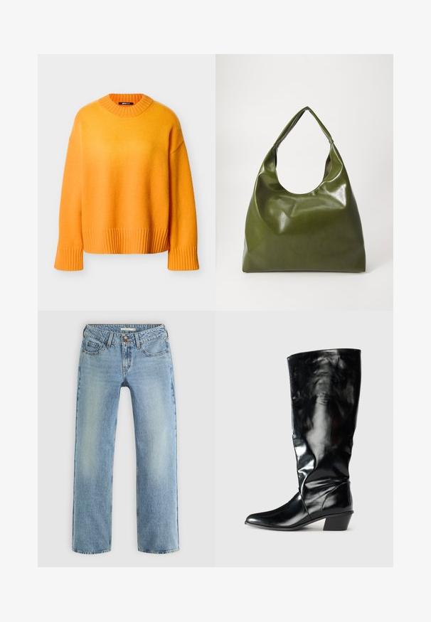 Pull oversize orange avec un col et des poignets côtelés, présentant une texture douce et une coupe décontractée, des coutures minimales et un ourlet droit.; Jeans droits bleu clair en denim, dotés d'une fermeture à bouton, de cinq poches et d'un léger dégradé le long des jambes.; Botte noire montée jusqu'au genou en cuir brillant, avec un bout pointu et un petit talon bloc, au design élégant et ajusté.; Sac hobo en cuir vert au design décontracté, avec une poignée incurvée et une texture lisse. Ne contient aucun matériel ou accent visible.