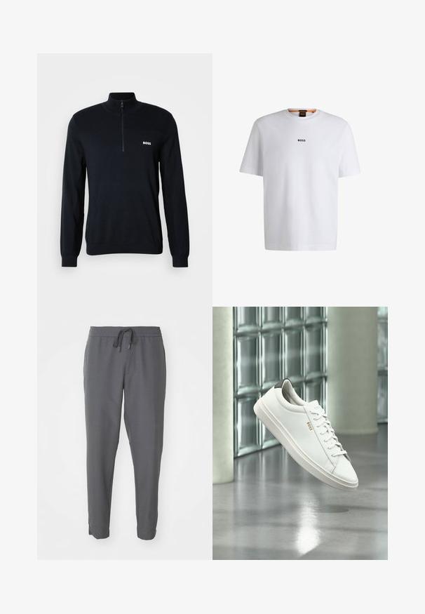 Tume kapuutsiga pulli, millel on kõrge kaelus ja pooltõmblukk. Materjal on pehme ja struktuurse pinnaga. Rindel on väike valge "BOSS" logo.; Valge puuvillane T-särk lühikeste varrukatega, millel on must "BOSS" logo, mis on keskendatud rinnale, ja ümmargune kaelaava disain.; Halli hallid jooksmispüksid, mis on valmistatud siledast kangast, elastse vöökoha ning tõmblukuga, kitsenevate jalgade ja külgtaskutega.; Valge nahast madala säärega tenniskingad paeltega, must kannaosa ja "BOSS" logo, hõljuvad siseruumis klaasplokkidest seina ja läikiva põranda lähedal.