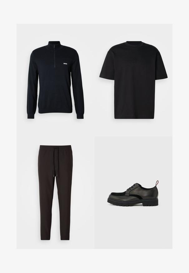 Marineblå sweater med høj krave og halv lynlås. Materialet er blødt med en struktureret overflade. Har et lille hvidt "BOSS" logo på brystet.; Sort bomulds T-shirt med korte ærmer, rund halsudskæring og præget logo detalje på brystet. Glat tekstur og afslappet pasform.; Sorte joggingbukser lavet af blødt stof, med en elastisk bæltelås og snor, tætsiddende ben og uden synlige mønstre eller udsmykninger.; Sort læder snøresko med tyk slidbanesål og rød hælestropp, vist i sideprofil på en lysegrå baggrund.