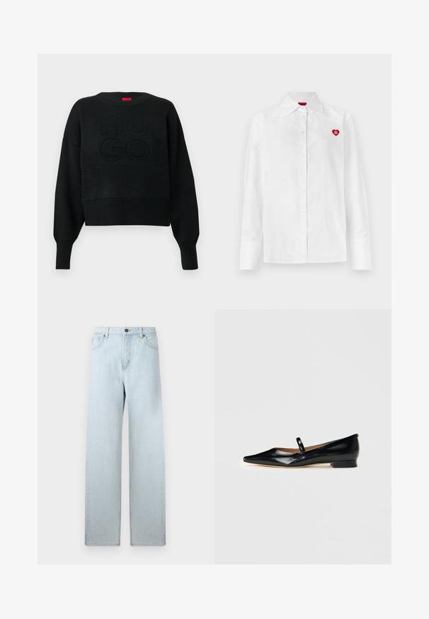 Sort cropped sweater med ribbet tekstur og rund halsudskæring, med et præget "HUGO"-logo på fronten og ribbede ærmeender.; Hvid skjorte med knapper foran, lange ærmer, klassisk krave og et rødt hjerte-logo på venstre bryst. Glat tekstur og skræddersyet pasform.; Lyseblå vid jeans med høj talje, forlommer og knaplukning. Glat denimtekstur, minimal falmning, lige ben-design.; Sorte patenterede læder Mary Jane flade sko med spids tå, én rem og lav hæl på ensfarvet baggrund.