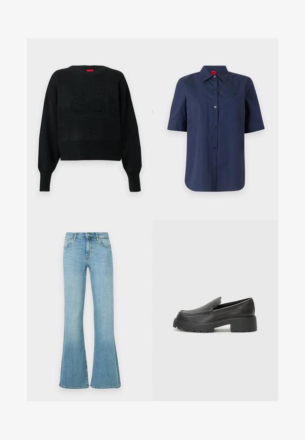 Pull court noir à texture côtelée avec un col rond, arborant un logo "HUGO" embossé sur le devant et des poignets côtelés.; Chemise bleu marine à manches courtes, boutonnée, avec col et étiquette rouge à l'intérieur du col, devant uni avec logo brodé discret sur la poitrine.; Jean en denim bleu clair à taille haute, fermeture avant par bouton et zip, poches avant et arrière, et jambes évasées.; Mocassins en cuir noir avec un bout arrondi, une semelle épaisse et texturée, et des détails de couture minimalistes. Design épuré sans lacets ni métal visibles.