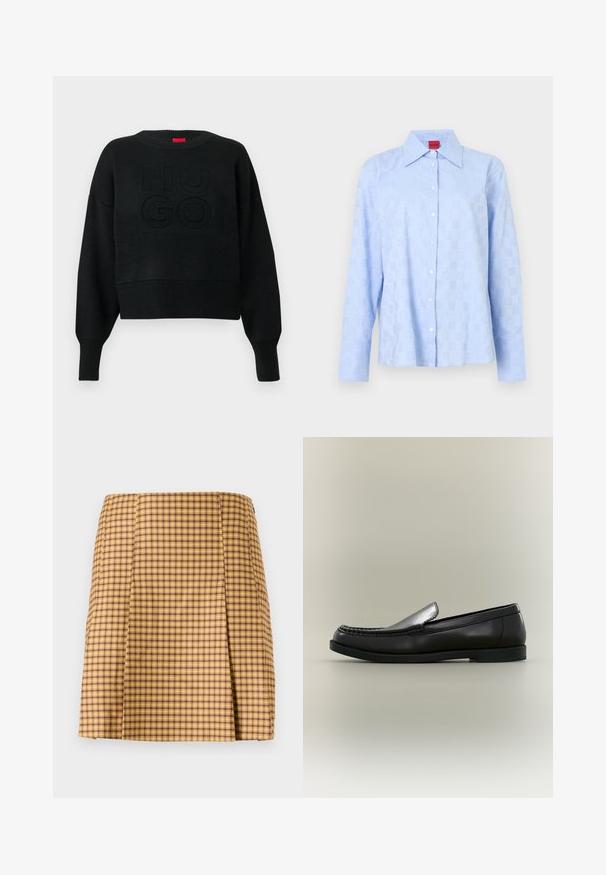 Pull court noir à texture côtelée avec un col rond, arborant un logo "HUGO" embossé sur le devant et des poignets côtelés.; Chemise bleu clair à manches longues avec un col à boutons, un motif discret en relief et des boutons blancs sur la patte de boutonnage avant.; Jupe écossaise jaune et violette avec une coupe droite, présentant un léger pli à l'avant et un tissu à texture lisse.; Mocassin en cuir noir avec couture moc toe, petit talon et design à enfiler sur fond neutre.