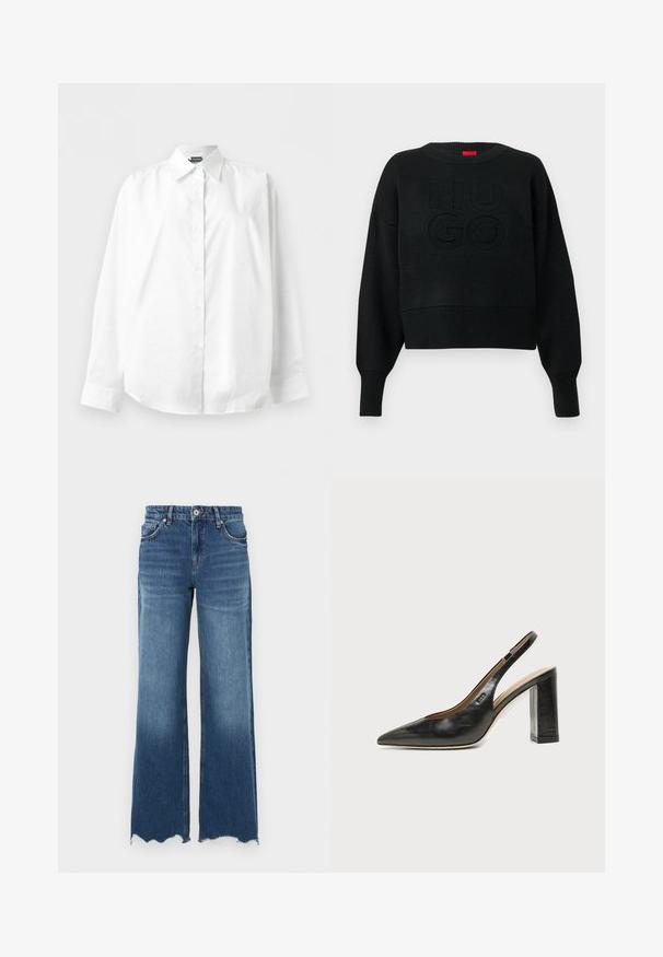 Pull court noir à texture côtelée avec un col rond, arborant un logo "HUGO" embossé sur le devant et des poignets côtelés.; Chemise blanche à manches longues avec col pointu, boutonnée, présentée à plat sur un fond blanc uni.; Jean flare en denim bleu moyen, avec un ourlet effiloché, cinq poches et une fermeture avant à boutons.; Chaussure slingback en cuir noir à bout pointu avec un talon bloc haut et une doublure intérieure beige sur un fond clair uni.