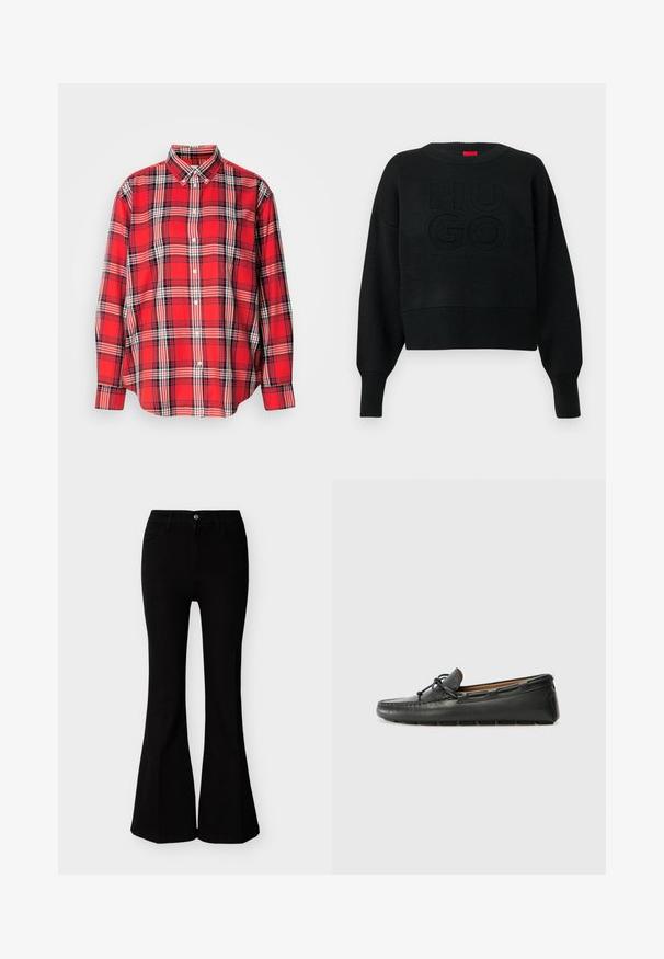 Pull court noir à texture côtelée avec un col rond, arborant un logo "HUGO" embossé sur le devant et des poignets côtelés.; Chemise à carreaux rouge avec un col boutonné, des manches longues et une coupe décontractée. Le motif comprend des rayures noires et blanches au sein des carreaux.; Jean évasé noir taille haute avec fermeture à boutons et fermeture éclair, poches avant, cintré au niveau des hanches et des cuisses.; Bateau en cuir noir avec un bout arrondi, des détails de couture, un petit accent en nœud et une semelle en caoutchouc. Texture lisse et design épuré.