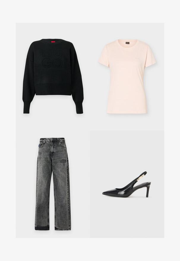 Sort cropped sweater med ribbet tekstur og rund halsudskæring, med et præget "HUGO"-logo på fronten og ribbede ærmeender.; Lyserød kortærmet T-shirt med rund hals og lille præget BOSS-logo på venstre bryst samt sort mærke indvendigt i kraven.; Bredde ben sorte denimjeans med en falmet vask, slidte detaljer foran og standard fem-lomme design.; Sort læder slingback højhælede sko med spidse tæer, glat overflade og en smal ankelrem med guldfarvede hardware detaljer.