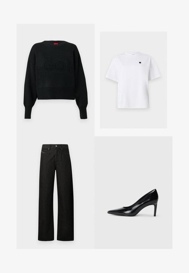 Sort cropped sweater med ribbet tekstur og rund halsudskæring, med et præget "HUGO"-logo på fronten og ribbede ærmeender.; Hvid T-shirt med korte ærmer og rund hals med lille sort broderet logo på venstre bryst.; Sorte vidde-lang denimjeans med knapper og lynlås foran, bæltestropper og fem lommer mod en hvid baggrund.; Sort læder højhælede sko med spids tå, glat tekstur og en taperet hæl. Minimalistisk design uden yderligere udsmykninger.