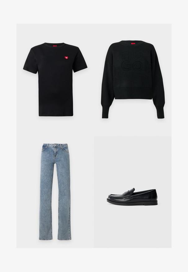 Μαύρο cropped πουλόβερ με ριμπ ύφασμα και στρογγυλή λαιμόκοψη, με ανάγλυφο λογότυπο "HUGO" στο μπροστινό μέρος και ριμπ μανσέτες.; Μαύρη βαμβακερή μπλούζα με κοντά μανίκια, στρογγυλή λαιμόκοψη, που διαθέτει ένα μικρό κόκκινο λογότυπο καρδιάς με το κείμενο "HUGO" στην αριστερή περιοχή του στήθους.; Μπλε τζιν με ίσια γραμμή και ψηλή μέση, με κλείσιμο μπροστά με κουμπιά και σχεδιασμό με πέντε τσέπες, εμφανίζεται σε λευκό φόντο.; Μαύρες δερμάτινες μπαλαρίνες με ραμμένο διακοσμητικό σχέδιο, στρογγυλή μύτη, επίπεδη καουτσούκ σόλα και λεία επιφάνεια. Κλασική, ευέλικτη σιλουέτα.