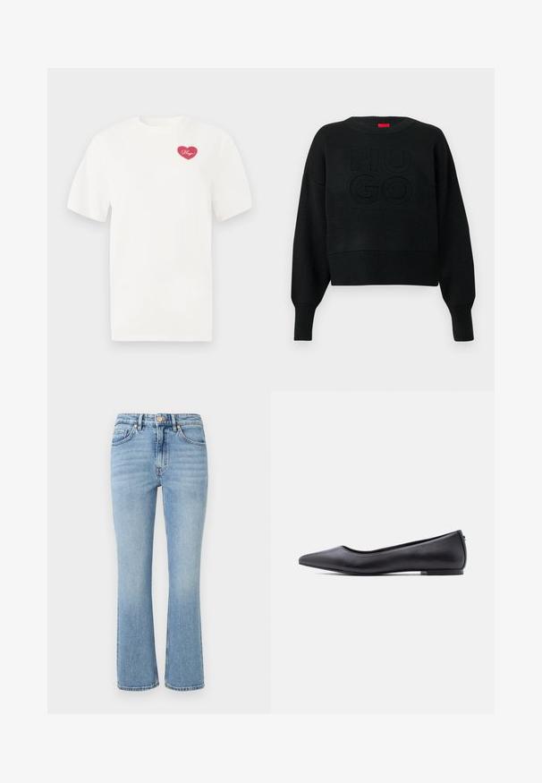 Zwarte cropped trui met een geribbelde structuur en een ronde halslijn, voorzien van een opgehoogd "HUGO"-logo op de voorkant en geribbelde manchetten.; Witte katoenen t-shirt met een roze hartvormige graphic en het woord "Hugs" in cursief. Korte mouwen en een ontspannen pasvorm.; Lichtblauwe spijkerbroek met een uitlopende snit, hoge taille, vijf zakken en gouden hardware. Heeft een vervaagde wassing en gestikte details.; Zwarte platte leren schoen met puntige neus en lage hak, zijaanzicht tegen een witte achtergrond.