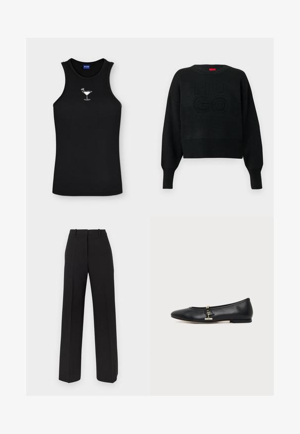 Pull court noir à texture côtelée avec un col rond, arborant un logo "HUGO" embossé sur le devant et des poignets côtelés.; Débardeur noir sans manches avec un petit motif blanc de verre à cocktail centré sur la poitrine, et une étiquette Hugo bleue à l'intérieur de l'encolure.; Pantalon noir à jambes larges en tissu lisse, avec une taille haute, deux plis avant et des poches latérales discrètes.; Chaussure plate en cuir noir avec bout arrondi et petit détail de boucle dorée sur le côté, présentée sur un fond clair uni.