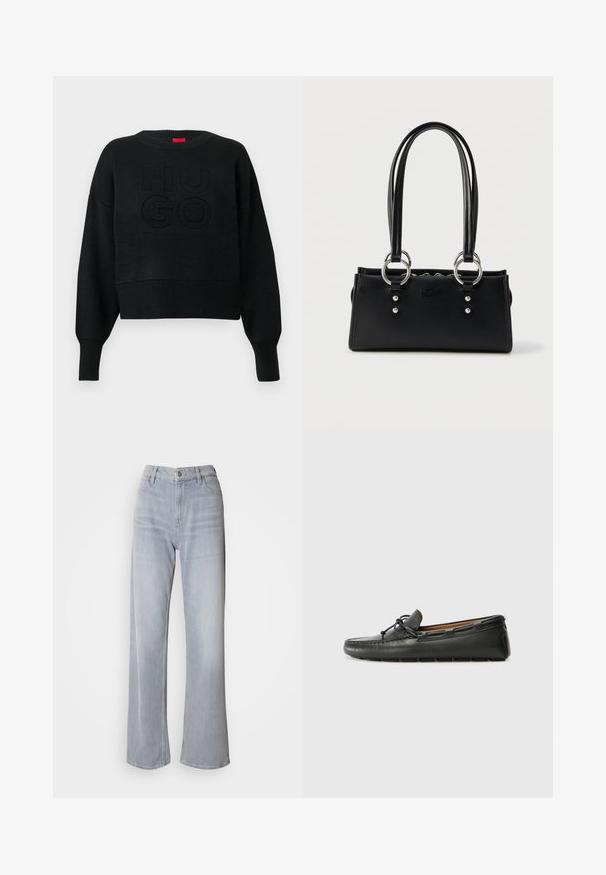 Schwarzer, kurz geschnittener Pullover mit einer gerippten Textur und rundem Ausschnitt, mit einem geprägten "HUGO"-Logo auf der Vorderseite und gerippten Bündchen.; Helle graue High-Waist-Jeans mit weit geschnittenem Bein, aus Denim. Verfügt über Fronttaschen, einen Reißverschluss und dezente Ausbleichungen an verschiedenen Stellen.; Schwarze Lederbootsschuhe mit rundem Zehenbereich, gestickten Details, kleinem Schleifenakzent und Gummisohle. Glatte Textur und schlankes Design.; Schwarze rechteckige Handtasche mit doppelten Griffen, silbernen Ringbeschlägen und dezentem geprägtem Logo auf der Vorderseite vor weißem Hintergrund.