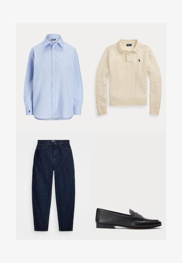 Creme farvet kabelstrikket polo sweater med lange ærmer, ribstrikkede manchetter og kant, med en mørkeblå broderet logo på brystet.; Lyseblå langærmet skjorte med knapper, spids krave og lille broderet logo på venstre manchet.; Mørkeblå denim jeans med lige pasform, der har orange syninger, en forreste knaplukning og fem lommer.; Sorte læder loafers med struktureret finish, der har en dekorativ rem og flad hæl. Slank, minimalistisk design med rund tå.