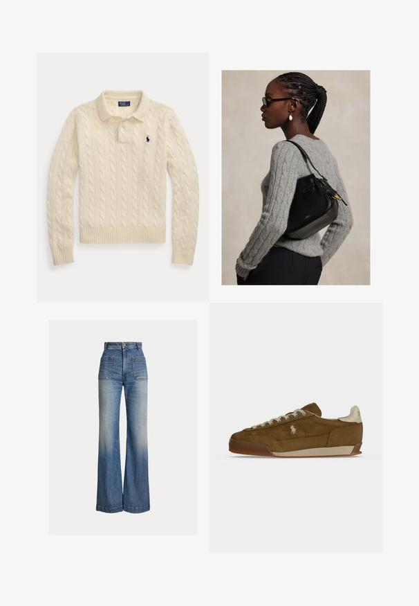 Cream cable-knit long sleeve polo sweater with ribbed cuffs and hem, featuring a navy blue embroidered logo on the chest.; High-waisted blue denim jeans with wide legs, front patch pockets, button closure, and faded areas on thighs and knees.; Brown suede sneaker with cream laces, thick sole, and a small white embroidered logo on the side.; Woman with braided hair and glasses wearing a gray cable-knit sweater and carrying a black leather shoulder bag with gold hardware.