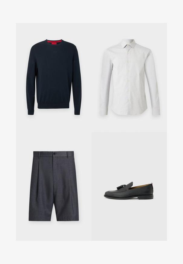 Pull ras du cou bleu marine en tissu doux. Comprend des manches longues, des poignets côtelés, et un petit logo embossé sur le devant.; Chemise blanche à manches longues avec un motif subtil de petits pois, col classique et silhouette cintrée.; Shorts pour hommes gris foncé taillés sur mesure avec passants de ceinture, bouton à l'avant, fermeture éclair et plis latéraux subtils.; Mocassin pour homme en cuir noir avec pompons, bout arrondi, petit talon et languette à l'arrière, présenté de profil sur un fond gris clair.