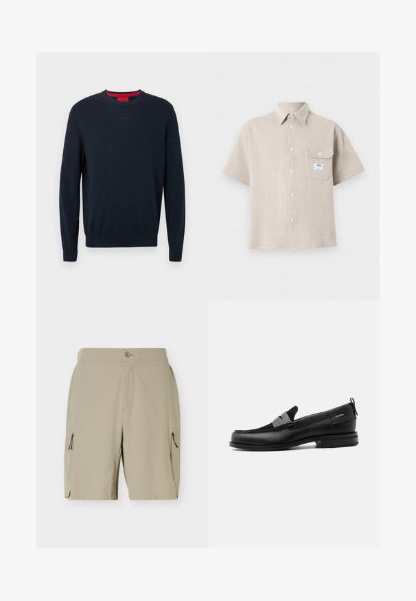 Pull ras du cou bleu marine en tissu doux. Comprend des manches longues, des poignets côtelés, et un petit logo embossé sur le devant.; Chemise beige à manches courtes boutonnée, tissu texturé, col pointu et une poche poitrine avec un bouton, ornée d'une petite étiquette blanche et bleue.; Shorts beiges mi-genoux avec fermeture à boutons et poches zippées de chaque côté, conçus pour un usage décontracté ou en plein air.; Mocassin en cuir noir avec détail de bride grise, talon bas et semelle texturée, marqué "HUGO" en or sur le côté.