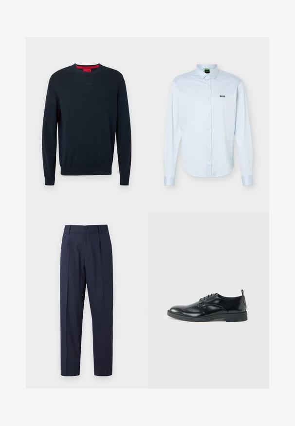 Mørkeblå sweater med rund hals i blødt stof. Har lange ærmer, ribbede manchetter og et lille præget logo foran.; Lyseblå langærmet skjorte med knapper og krave, sort "BOSS"-logo på venstre bryst og manchetter med knapper.; Marineblå bukser lavet af glat stof, med lige ben, folder foran og en enkelt knaplukning i taljen.; Blank sort læder dresssko med lav hæl, snørelukning og rund tå, vist fra siden på ensfarvet lys baggrund.