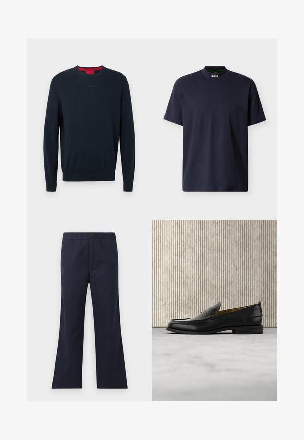 Mørkeblå sweater med rund hals i blødt stof. Har lange ærmer, ribbede manchetter og et lille præget logo foran.; Marineblå t-shirt lavet af bomuld, med høj hals og korte ærmer. BOSS-logo placeret ved halsen. Glat tekstur, minimalistisk design.; Marinblå, flagrende bukser lavet af glat stof. Har en elastisk talje og sidelommer. Rene linjer og minimalistisk design.; Sort læder herreloafer med krokodillepræget forstykke og lav hæl, vist i profil på en neutral baggrund.