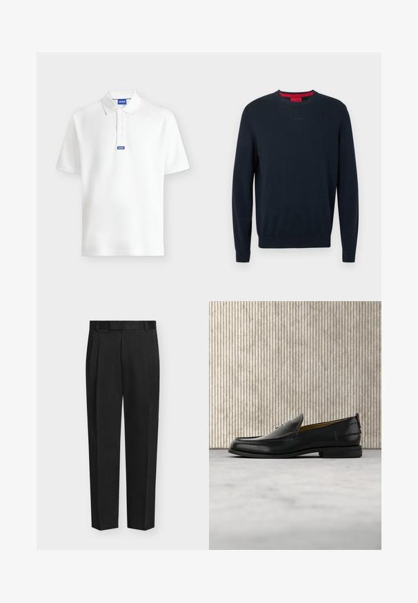 Pull ras du cou bleu marine en tissu doux. Comprend des manches longues, des poignets côtelés, et un petit logo embossé sur le devant.; Polo blanc à manches courtes avec col et boutons, comportant une étiquette logo "HUGO" bleue sur le col et la patte de boutonnage.; Pantalon noir droit et ajusté avec passants pour ceinture, poches latérales et pli sur le devant.; Mocassin pour homme en cuir noir avec un dessus embossé effet croco et un petit talon, présenté de profil sur un fond neutre.