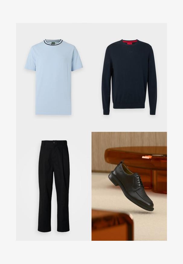 Pull ras du cou bleu marine en tissu doux. Comprend des manches longues, des poignets côtelés, et un petit logo embossé sur le devant.; T-shirt bleu clair manches courtes avec bordure noire et blanche sur le col rond et petit texte "BOSS" à l'intérieur du col.; Pantalons noirs à jambes droites avec une taille à bouton, passants de ceinture et pli avant, présentés sur un fond blanc uni.; Chaussure habillée noire en cuir à lacets avec devant texturé, flottant au-dessus d'un tapis beige dans une pièce moderne avec des meubles teintés d'ambre.