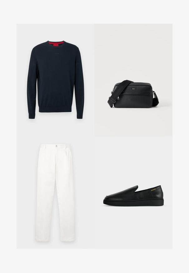 Donkerblauwe sweater met ronde hals gemaakt van zacht materiaal. Voorzien van lange mouwen, geribbelde boorden en een klein reliëflogo aan de voorkant.; Witte broeken gemaakt van een gladde stof, met een recht model, voorplooien en een enkele knoopsluiting bij de taille.; Enkele zwarte leren instapschoen met dikke zool en goudkleurige "HUGO"-branding nabij de hiel op een effen lichtgrijze achtergrond.; Zwarte gestructureerde leren crossbodytas met voorvak met ritssluiting en verstelbare brede stoffen schouderband op een witte achtergrond.